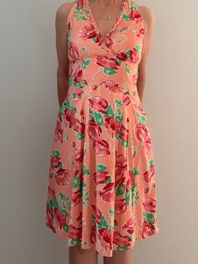 Cynthia Steffe Coral Floral Halter Midi Dress Garden Party Size 4 USA Made